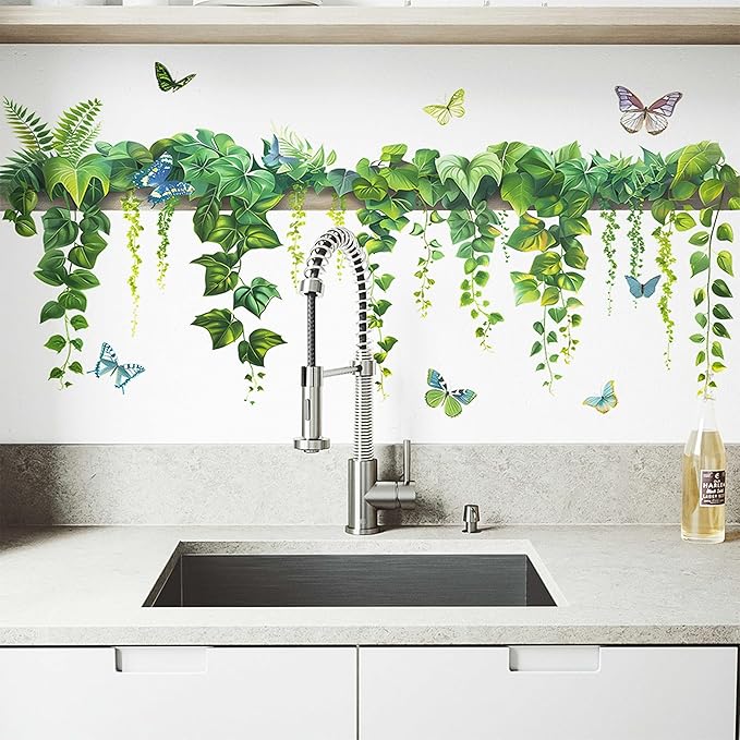Nature Green Plants Peel and Stick Wall Decals Wallpaper, Removable Wall Decals Shelves Green Plants Vinyl Art Wall Stickers & Murals for Living Room Kitchen Bathroom Decoration (B-Green)