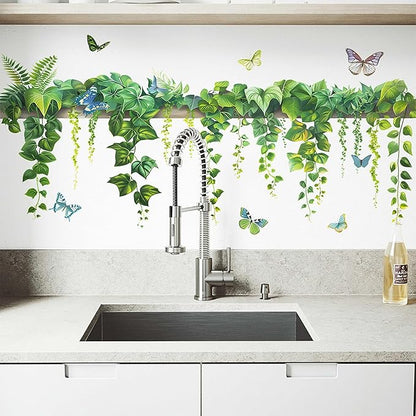 Nature Green Plants Peel and Stick Wall Decals Wallpaper, Removable Wall Decals Shelves Green Plants Vinyl Art Wall Stickers & Murals for Living Room Kitchen Bathroom Decoration (B-Green)