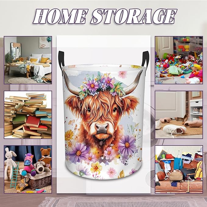 Highland Cow Laundry Basket, 43L Round Oxford Cloth Laundry Hamper, Waterproof Collapsible Storage Organizer Bin with Handles for Toys, Nursery Home Storage, Gift for Chritsmas Thanksgiving 13.8x17.7