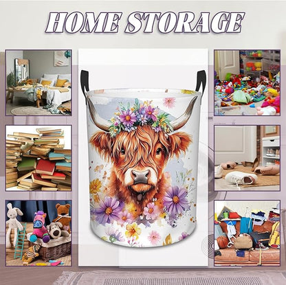 Highland Cow Laundry Basket, 43L Round Oxford Cloth Laundry Hamper, Waterproof Collapsible Storage Organizer Bin with Handles for Toys, Nursery Home Storage, Gift for Chritsmas Thanksgiving 13.8x17.7