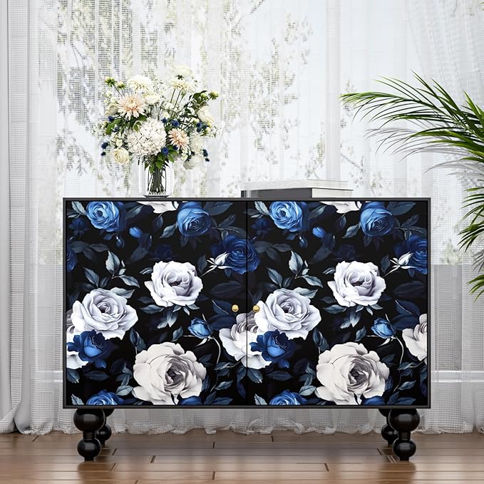 Black Foral Wallpaper Peel and Stick Dark Blue White Rose Contact Paper 17.4" x 393", Self-Adhesive Removable Vintage Flower Wall Paper for Bedroom Countertop Desk Cabinets Decor Renter Friendly