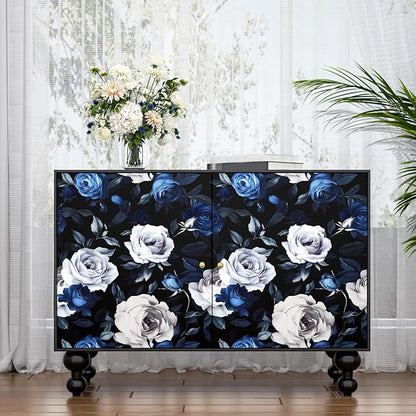 Black Foral Wallpaper Peel and Stick Dark Blue White Rose Contact Paper 17.4" x 393", Self-Adhesive Removable Vintage Flower Wall Paper for Bedroom Countertop Desk Cabinets Decor Renter Friendly