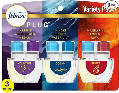 Febreze Plug In Air Freshener, Odor-Fighting Scented Oil Refill, Air Fresheners for Home and Bathroom and Kitchen, Long Lasting for Strong Odors, Moutain/Ocean/Amber Mix, 0.87oz Refills, 3 Count