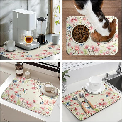 Spring Flowers Floral Dish Drying Mats Spring Summer Hummingbird Dish Mat Drying Matt Butterfly Dishes Dryer Pad for Kitchen Counter Absorbent Microfiber Washable Foldable Reusable 18x24 in