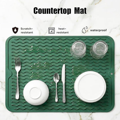 MicoYang Silicone Dish Drying Mat for Multiple Usage,Easy clean,Eco-friendly,Heat-resistant Silicone Mat for Kitchen Counter or Sink,Refrigerator or drawer liner Green L 16 inches x 12 inches