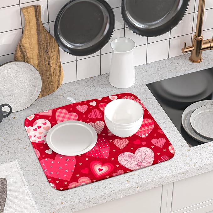 Valentine Day Love Heart Dish Drying Pad 16 x 18 Inch with Absorbent Reversible Microfiber Happy Valentines Pink Red Hearts Drying Mats For Kitchen Counter Dining Room Decoration