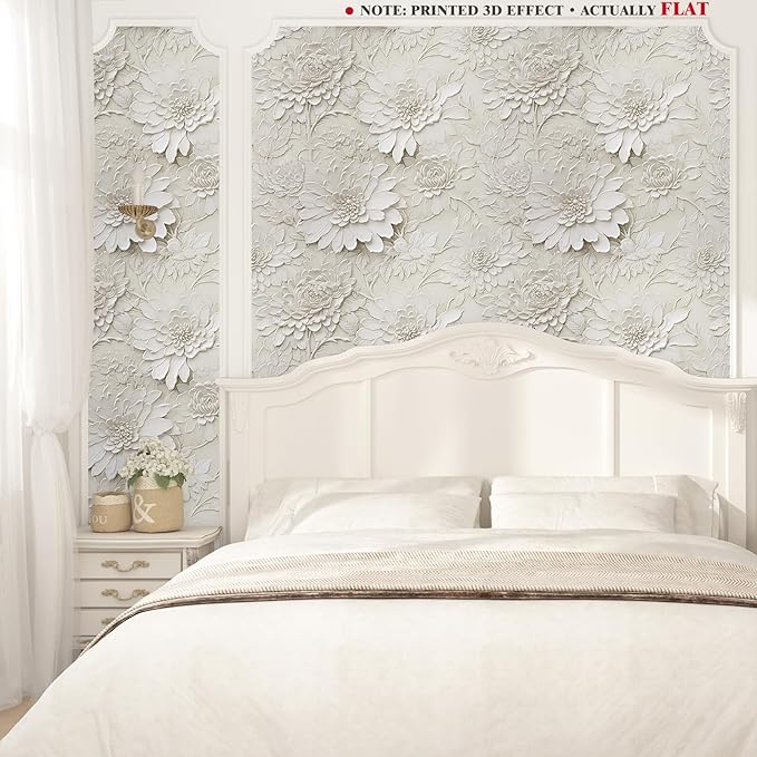 Faux 3D Floral Wallpaper Peel and Stick Beige Embossed Wallpaper for Bedroom Vintage Flower Contact Paper for Bathroom Living Room Cabinets Shelf Liner Wall Paper for Girls Room 17.5"x102"