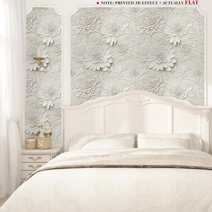Faux 3D Floral Wallpaper Peel and Stick Beige Embossed Wallpaper for Bedroom Vintage Flower Contact Paper for Bathroom Living Room Cabinets Shelf Liner Wall Paper for Girls Room 17.5"x102"