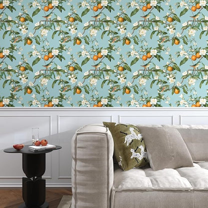 Laatse Blue Floral Wallpaper Peel and Stick, Vintage Bird Leaf Fruit Contact Paper, Self Adhesive Removable Retro Wall Mural Wall Paper for Room Walls Shelves Cabinet Table Decor 17.5" x 118"