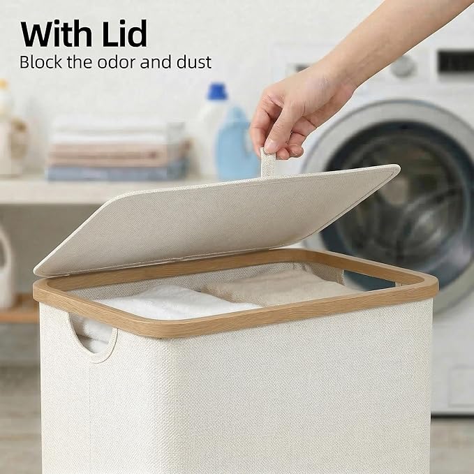 efluky Slim Laundry Basket with Lid, Narrow Laundry Hamper with Removable Bag, Skinny Dirty Clothes Basket with Bamboo Handles for Bathroom, Bedroom & Laundry Room, 90L Beige
