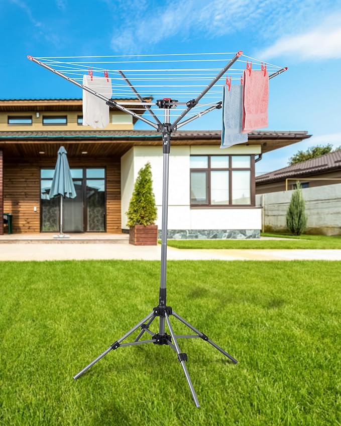STORAGE MANIAC Portable Umbrella Clothes Drying Rack 8 Lines with 82 Feet Drying Space, Steel Frame & Adjustable Height, 4-arm Umbrella Clothesline for Laundry, Collapsible Indoor & Outdoor Drying