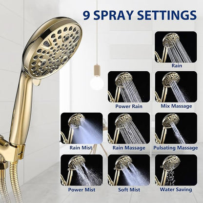 High Pressure 10 Setting Handheld Shower Head, 5" Detachable Showerhead Spray Built-in Power Wash to Clean Tub, Tile & Pets, 79" Extra Long Stainless Steel Hose, Adjustable Bracket - Gold