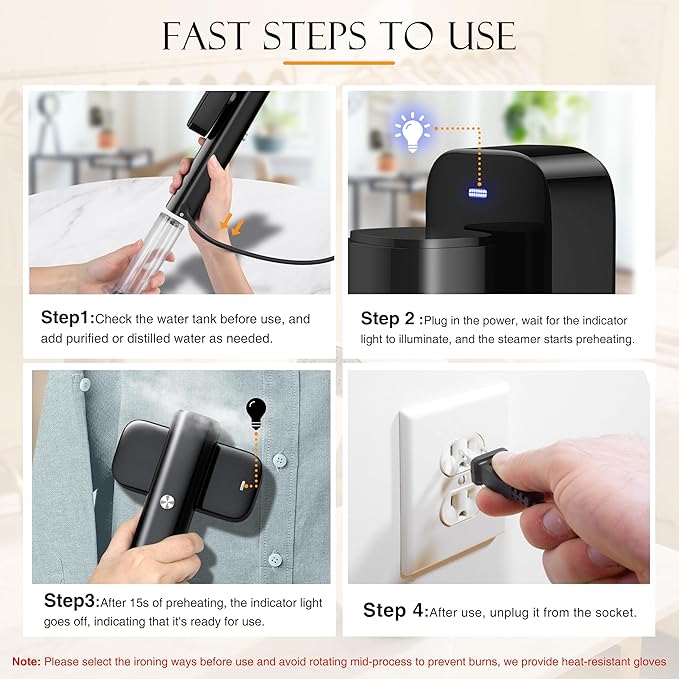 Steamer for Clothes, Portable Handheld Garment Steamer for Fabric Wrinkles Remover, 15s Fast Heat-up, 90ml Water Tank with Heat-Resistant Gloves, Convenient clothes steamer for Home, Travel 2