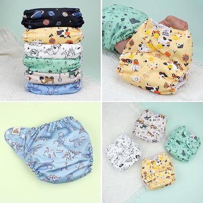 Mama Koala 3.0 Cloth Diapers for Babies with AWJ Lining, 6 Pack with 6 5-Layer Natural Cloth Diaper Inserts - Reusable and Washable Pocket Diapers(A-Dinosaurs and Farm)