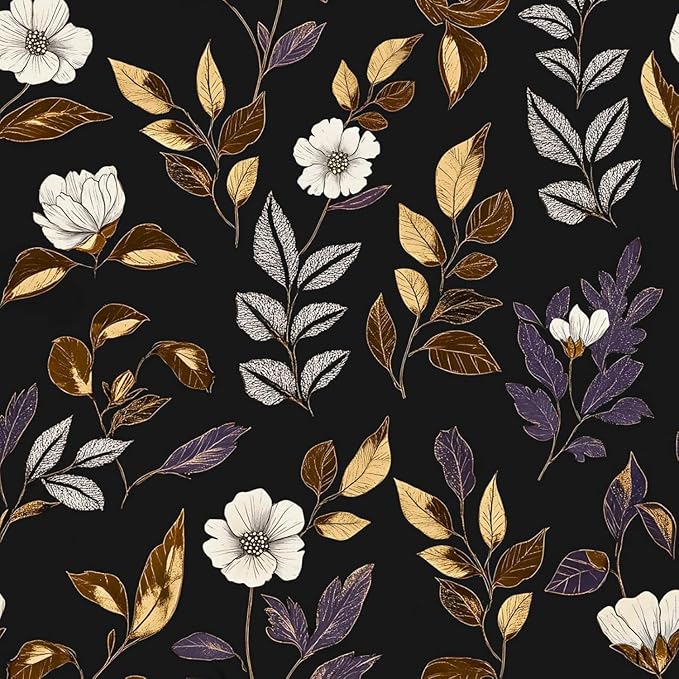 Fvlow Dark Floral Wallpaper Peel and Stick Vintage Gold Leaf Contact Paper Black Floral Wallpaper Waterproof Self-Adhesive Wall Covering for Bedroom Countertop Desk Cabinets 17.4" x 393"