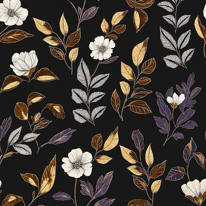 Fvlow Dark Floral Wallpaper Peel and Stick Vintage Gold Leaf Contact Paper Black Floral Wallpaper Waterproof Self-Adhesive Wall Covering for Bedroom Countertop Desk Cabinets 17.4" x 393"