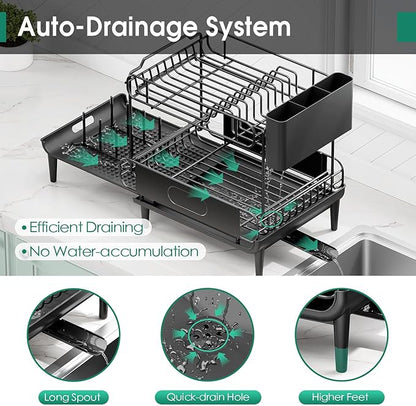 Urackify Dish Drying Rack for Kitchen Counter, Expandable 2 Tier Dish Rack, Large Capacity Dish Drainer with Drainboard Multifunctional Dish Strainer with Removable Cutlery Holder Black