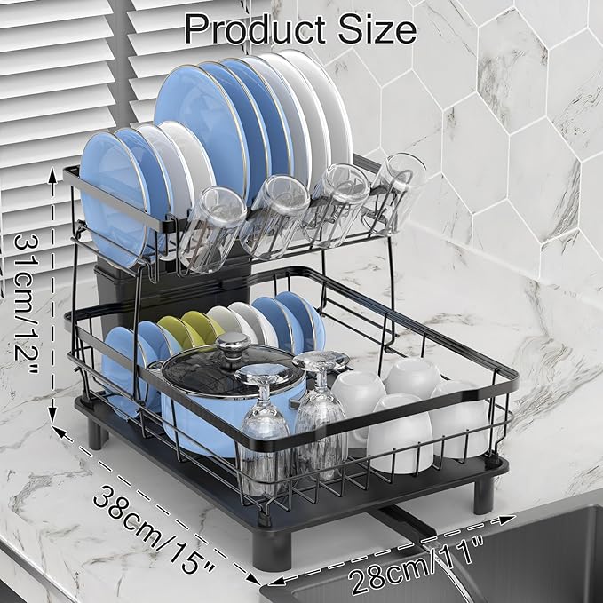 Small 2 Tier Dish Drying Rack, Space Saving Dish Racks for Kitchen Counter, Kitchen Organizer Dish Drainer with Cutlery Holder for Spoons and Forks, 11''W x 15''L, Black