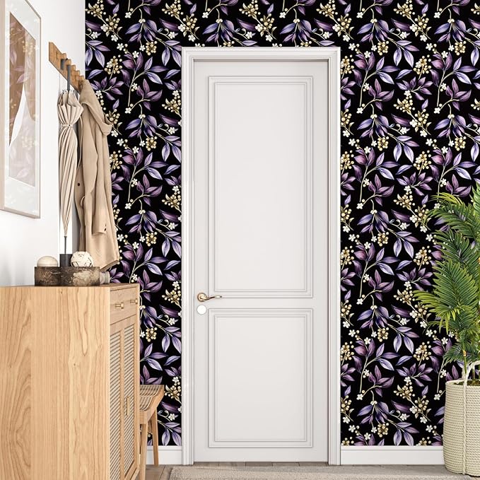 Dark Peel and Stick Wallpaper Vintage, Black Purple Leaf Removable Self-Adhesive Vinyl for Bathroom Bedroom Kitchen Drawer Cabinet, Golden Floral Pattern Wall Decor Retro Style 17.5" x 118"