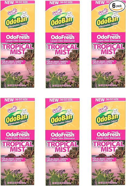OdoBan OdoFresh Carpet and Room Deodorizer Powder for Home Smells and Odors Including Smoke, Pet Urine, Dogs, and Cat Litter, Made in the USA, Tropical Scent, 36 Ounces, Pack of 6