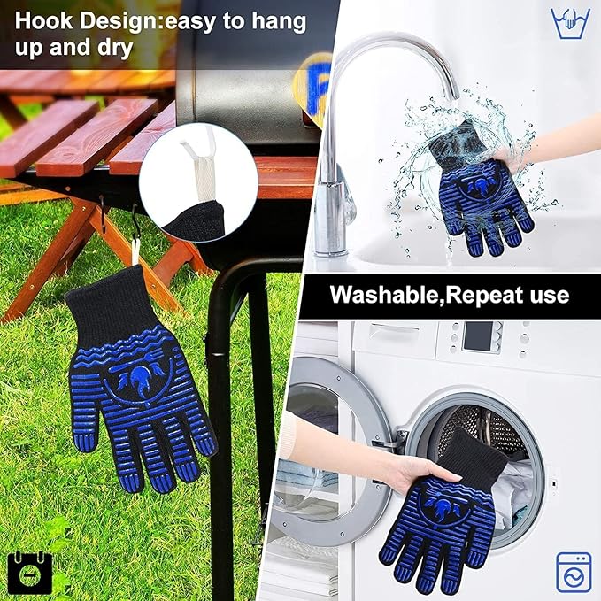 BBQ Gloves, 1472°F Extreme Heat Resistant Grill Gloves, Non-Slip Food Grade Silicone Oven Mitts for Kitchen, Cooking, Barbecue, Baking, Smoker (11inch)