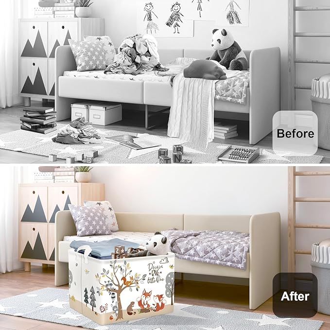 Forest Animals Laundry Hamper Woodland Tree Large Storage Basket Parents Organizer Kids Clothes Toy Bins for Bedroom, Bathroom, Fox, 36L