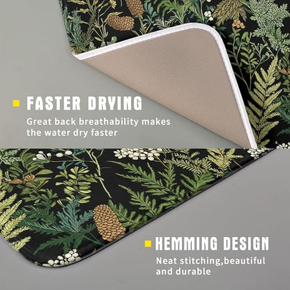 Green Plant Fern Leaves Floral Dish Drying Pad 16 x 18 Inch With Absorbent Reversible Microfiber Black Flower Botanical Leaf Vintage Drying Mats Dish Drainer Mat Fast Dry For Kitchen Dining Room