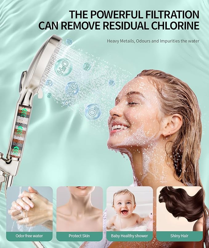 SR SUN RISE Filtered Shower Head with Handheld High Pressure 9 Spray Mode Showerhead Detachable Shower Head Water Softener Filters Beads for Hard Water Remove Chlorine 1 Filter Brushed Nickel