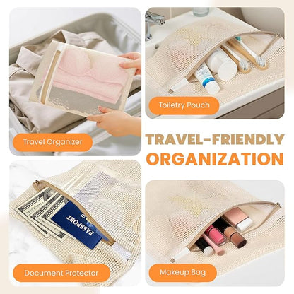 ABRRLO 4Pcs Cotton Mesh Laundry Bags for Delicates,Breathable Mesh Garment Bag for Washing Machine,Travel Wash Bags with Zipper for Bras,Underwear,Socks,Baby Clothes,Laundry Dorm Room Essentials(S)