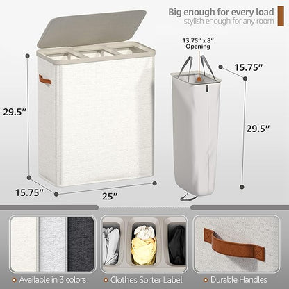 Sorbus Laundry Hamper with Lid - Collapsible 3-Compartment Fabric Laundry Basket with Handles and Removable Laundry Bag – 50 Gallon (190 L) Dirty Clothes Hamper for Bedroom, bathroom and dorm (Beige)