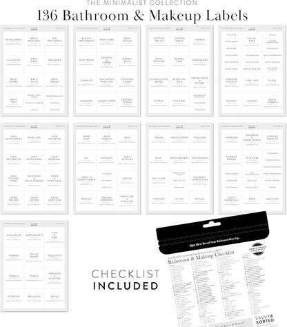 Minimalist Bathroom Labels for Organizing, 136 Preprinted Bath Room and Makeup Organizer Stickers, Waterproof Removable, Soap Shampoo Storage Supplies
