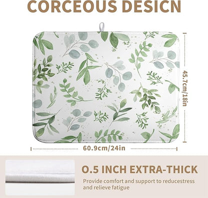 Summer Sage Green Leaves Dish Drying Mat Spring Eucalyptus Leaf Kitchen Dish Drying Pad Absorbent Dish Dryer Mat for Kitchen Countertops Microfiber Dishes Drainer Pad Dish Drying Rack Mat (18x24 in)