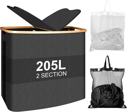 Large Laundry Hamper with Lid 205L,Collapsible 2-Section Dirty Clothes Basket Organizer for Bathroom, Bedroom & Laundry Room - Waterproof, Easy Sort, Foldable Storage Solution