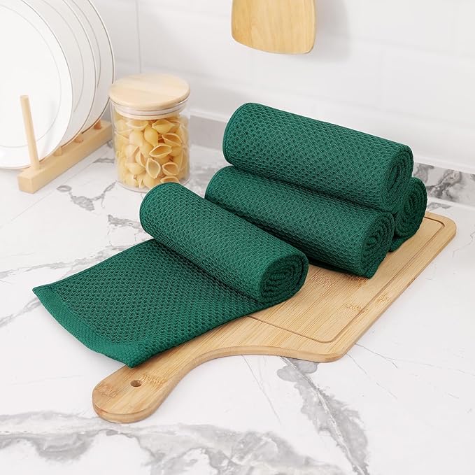 Kitinjoy 100% Cotton Waffle Weave Kitchen Hand Towels (13 X 28 Inches, Dark Green), 8-Pack Super Soft and Absorbent Dish Towel for Drying Dishes