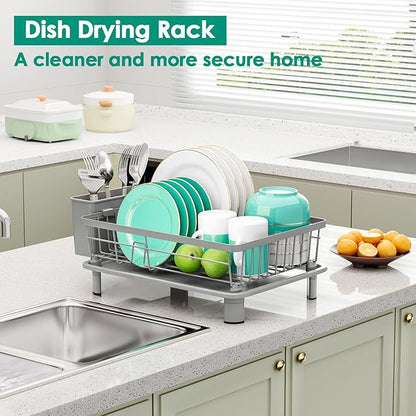 GAOKASE Dish Drying Rack, Stainless Steel-Dish Rack, Dish Racks for Kitchen Counter, Kitchen Dish Drainers with Removable Utensil Holder,New Drain Outlet,Plate Rack and Drainboard,(gray-11 W x 15" L)