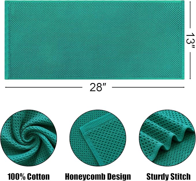 Kitinjoy 100% Cotton Waffle Weave Kitchen Hand Towels (13 X 28 Inches, Teal), 8-Pack Super Soft and Absorbent Dish Towel for Drying Dishes