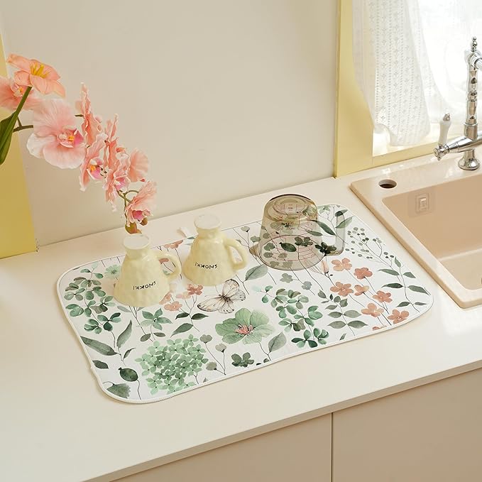 Spring Floral Drying Mat 18x24 Inches For Kitchen Counter Absorbent Summer Watercolor Green Flower Leaf Kitchen Drying Mat Pad For Home Kitchen,Dining Room,Office Decoration