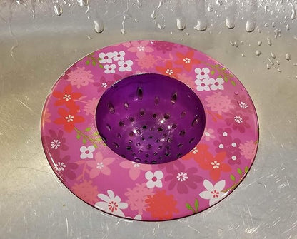 Handy Housewares 5.25" Diameter Decorative Designer Pattern Kitchen Sink Strainer/Food Trap (Two Pack, Purple Flowers)