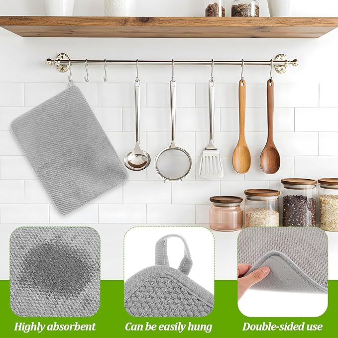 Microfiber Dish Drying Mat, Dish Drying Mat for Kitchen Counter, Super Absorbent Kitchen Dish Drying Pad, Coffee Bar Mat with Rubber Backed for Countertop Dishes Utensils, 16 x 12 Inch, Gray