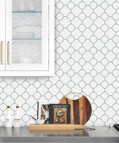 GloryTik Grey and White Peel and Stick Wallpaper Modern Trellis Contact Paper Removable Self Adhesive Geometric Waterproof Wall Paper for Bathroom Cabinets Living Room Wall Decor Vinyl Roll 17.7"ｘ118"