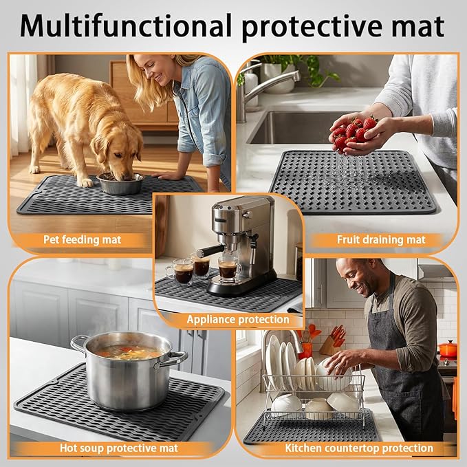 Silicone Dish Drying Mat, Easy Clean, Eco-Friendly, Heat-Resistant, Grey, Food-Grade Silicone Dish Drying Mat for Kitchen Counter, Dishes, Refrigerator or Drawer Liner (16” x 12”)