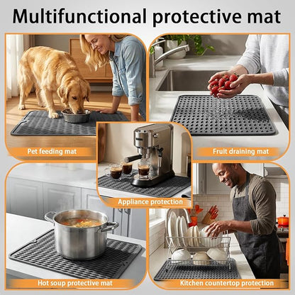 Silicone Dish Drying Mat, Easy Clean, Eco-Friendly, Heat-Resistant, Grey, Food-Grade Silicone Dish Drying Mat for Kitchen Counter, Dishes, Refrigerator or Drawer Liner (16” x 12”)