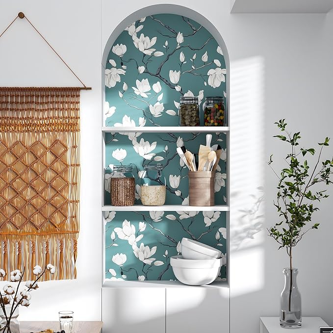 Laatse Blue and White Wallpaper Peel and Stick Vintage Floral Contact Paper for Bedroom Waterproof Self Adhesive Boho Leaf Wall Paper for Cabinets Locker Walls Bookcase Decor 17.5" X 118"