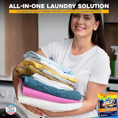 Biz Laundry Detergent Powder, Stain and Odor Eliminator for Tough Stains Like Grass Sweat and Chocolate, Powder Laundry Detergent with 4 Stain Fighters, Color Safe, HE Safe, Unscented, 37.5 Ounce