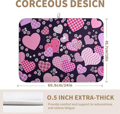 Valentine Pink Love Heart Dish Drying Mat for Kitchen Counter - Happy Valentine's Day Microfiber Pad 18x24 Inch Absorbent Drainer Large Dryer Kitchen Accessories