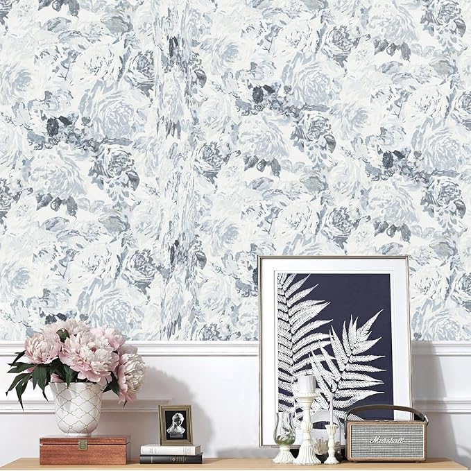 Dimoon 197"x17.3" Floral Peel and Stick Wallpaper Boho Blue White Contact Paper Flower Removable Wallpaper Renter Friendly Kitchen Wall Paper Shelf Liner Bathroom Self Adhesive Vintage Thicken Vinyl