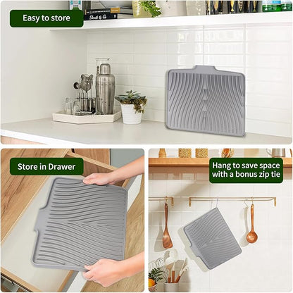 Silicone Dish Drying Mat 16x13 Multiple Usage,Easy clean,Eco-friendly,Heat-resistant Silicone Mat Dish Drying Mats For Kitchen Counter or Sink,Refrigerator or Drawer liner Grey 16inchx13inch