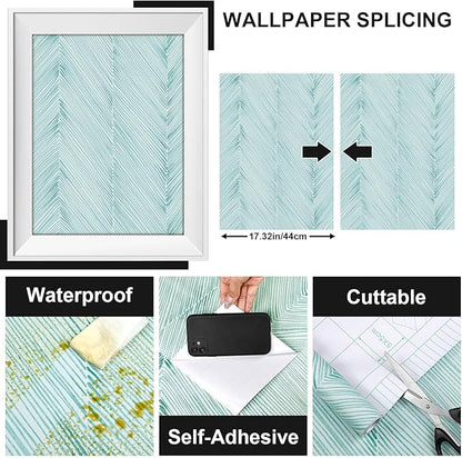 Modern Peel and Stick Wallpaper A Set of 17.3"x200" Teal Green Herringbone Striped Wall Paper Boho Self-Adhesive Removable Contact Paper for Cabinets Bathroom Bedroom Wall Decor