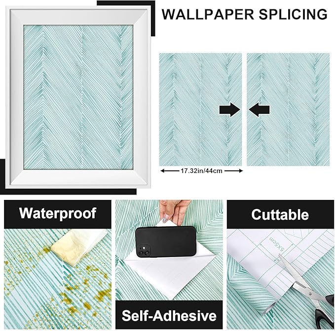 Modern Peel and Stick Wallpaper A Set of 17.3"x480" Teal Green Herringbone Striped Wall Paper Boho Self-Adhesive Removable Contact Paper for Cabinets Bathroom Bedroom Wall Decor