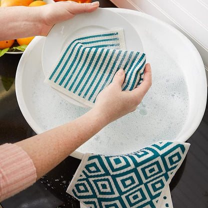DII Swedish Dishcloths for Kitchen & Cleaning, Reusable, Machine Washable & Dishwasher Safe, Biodegradable, 7.75 x 6.75, Teal & White